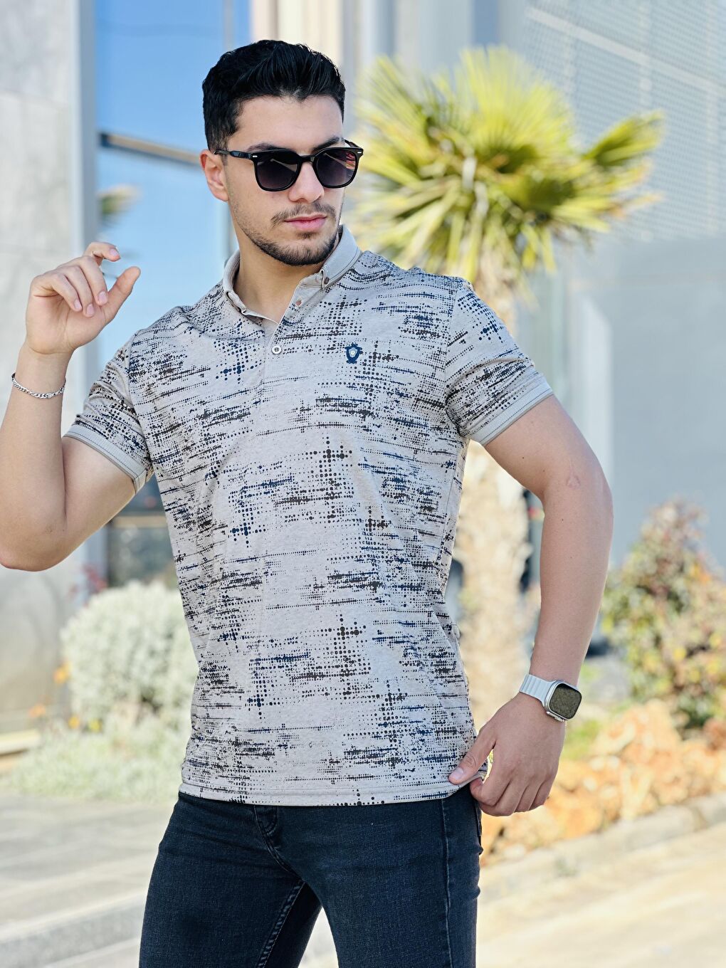 Kahverengi Kagi Nokta Baskılı Polo Yaka Kısa Kollu Tişört-21236-2