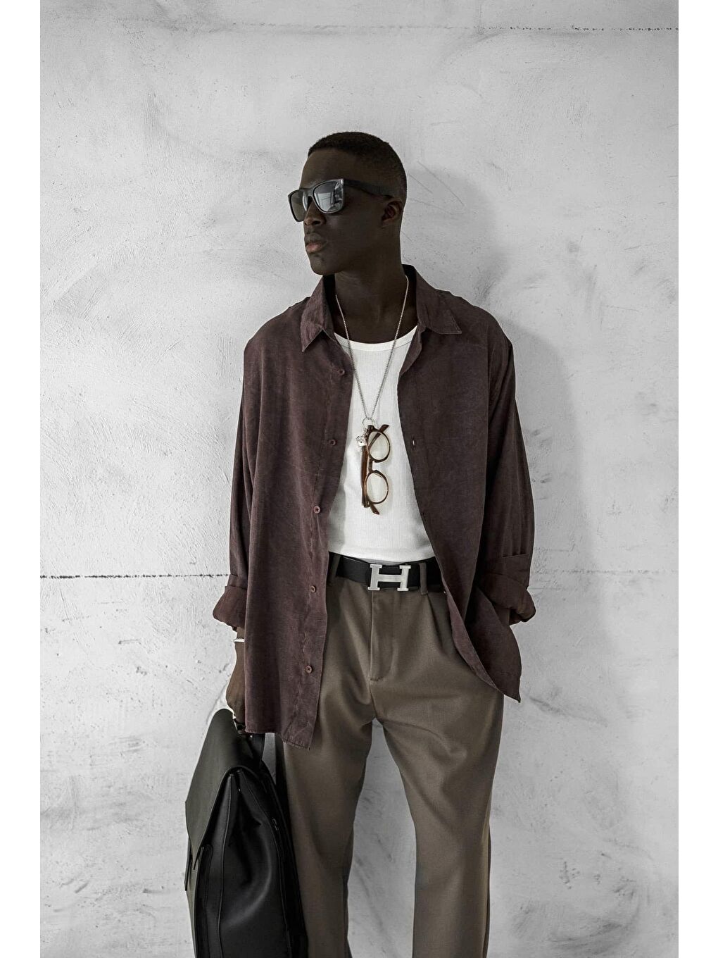 Erkek Oversize Yıkamalı Rahat Gömlek Kahverengi-5