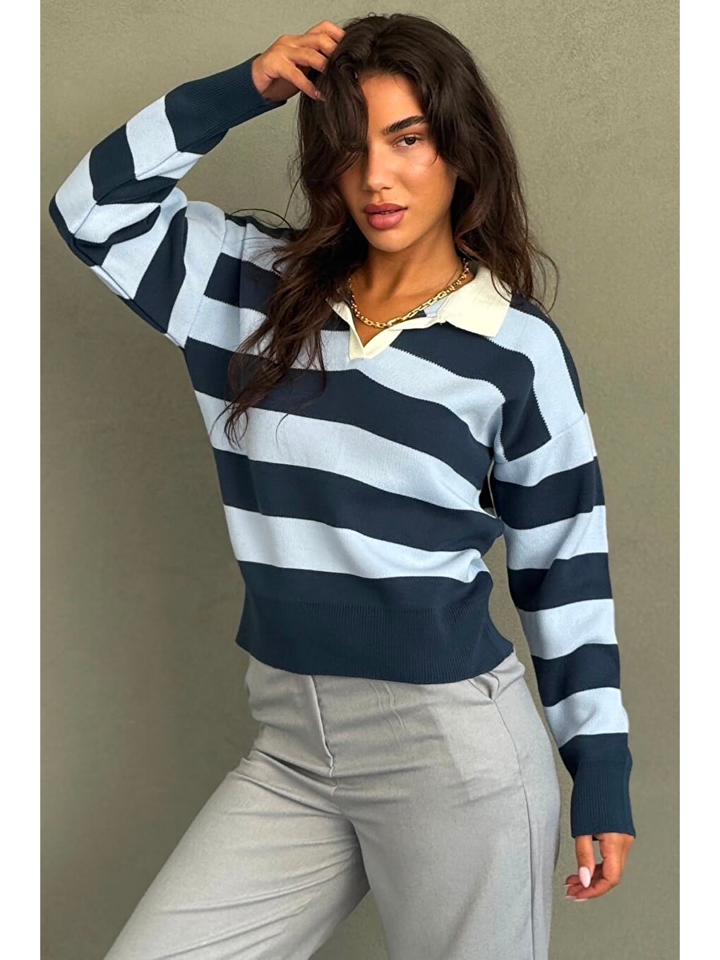 İndigo Çizgili Polo Yaka Kadın Kazak Mg2882-2
