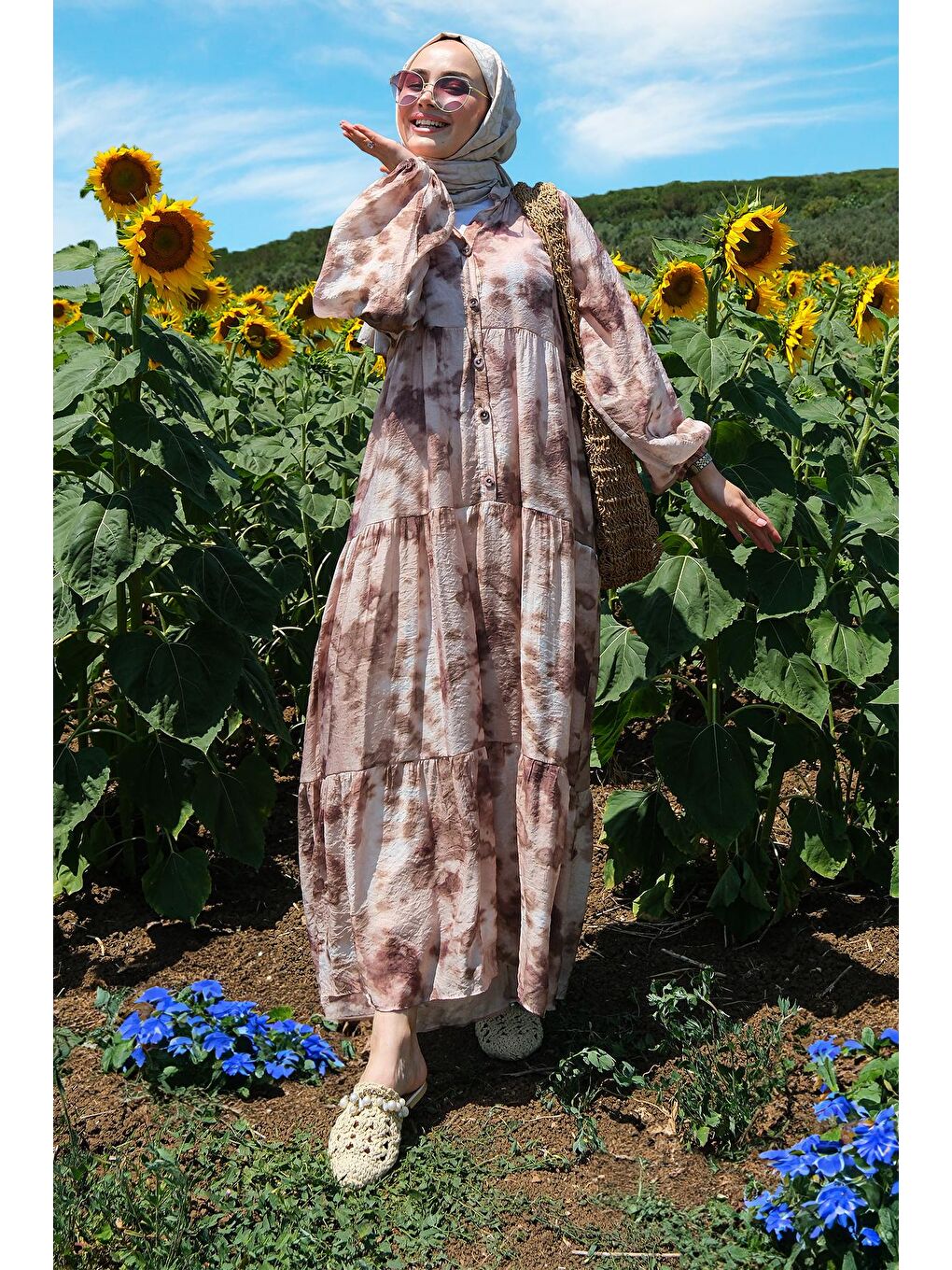 Bulut Desen Elbise Kahverengi-2