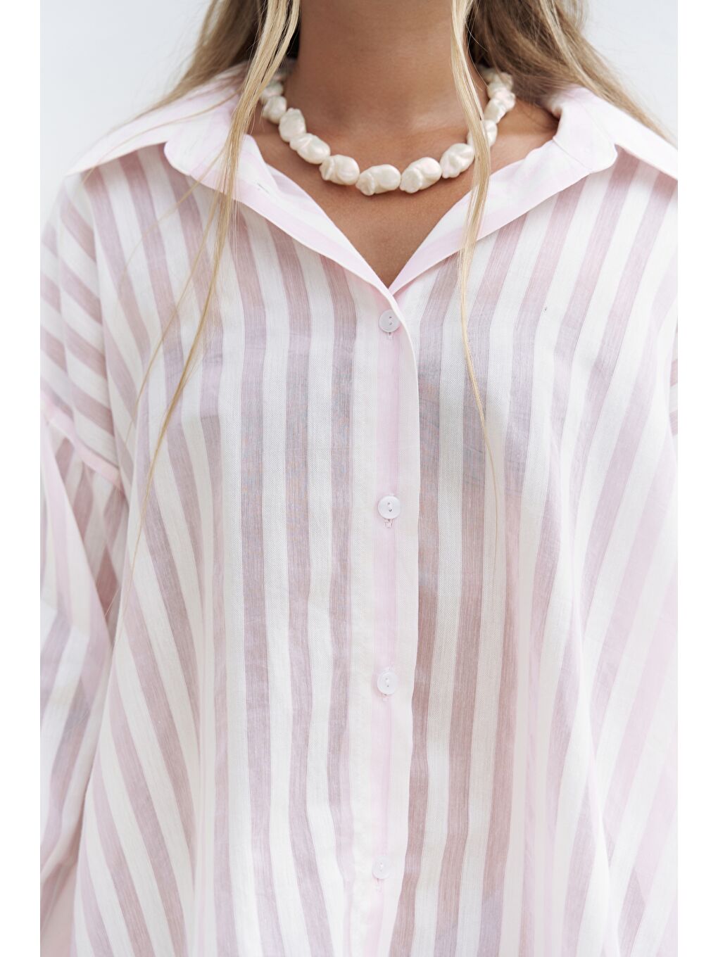 Rosy Transparan Çizgili Pembe Oversize Gömlek