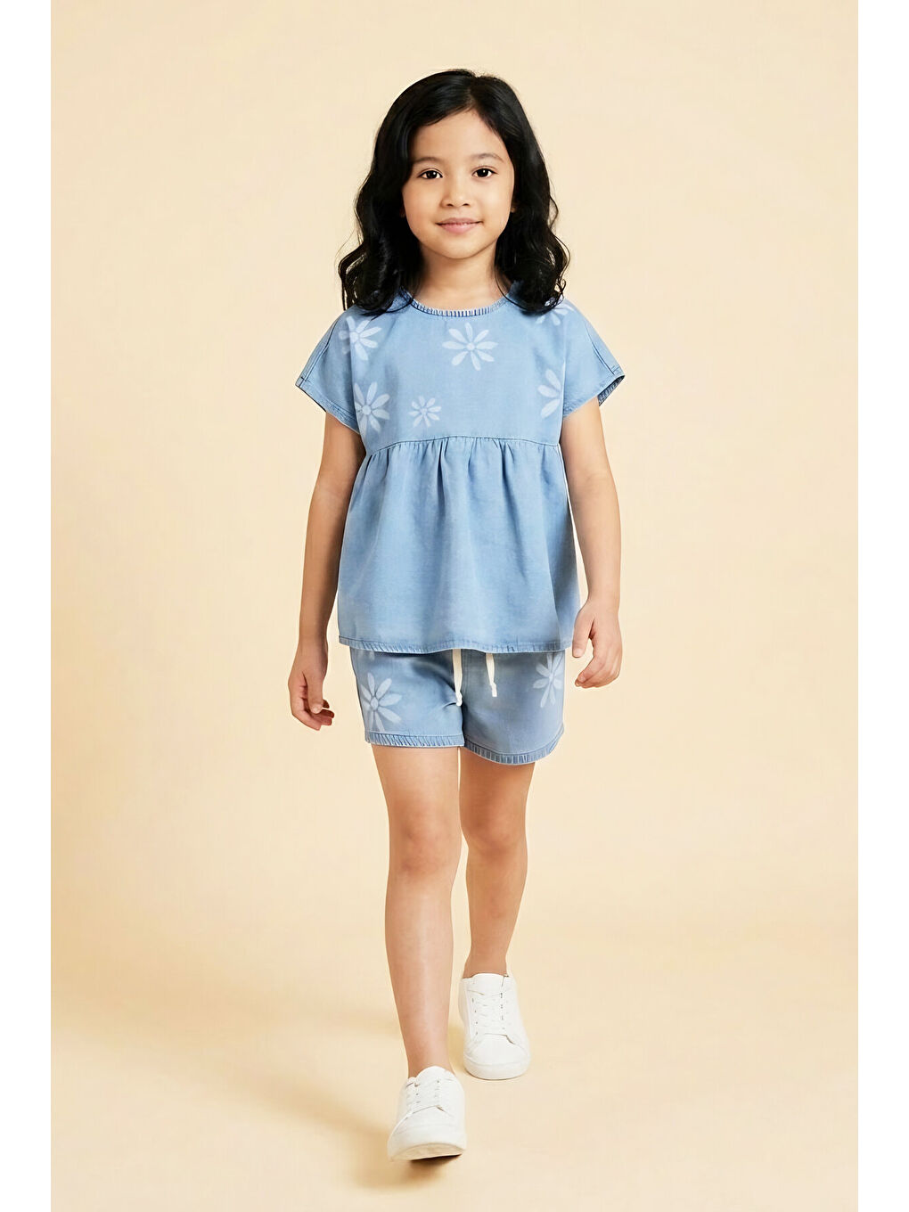 Mavi Kız Çocuk Şortlu ve Bluzlu Jean Alt-Üst Takım 3-10 Yaş 12656OZ-1