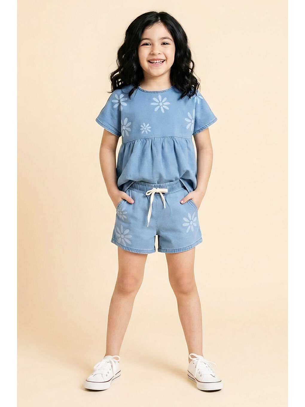 Mavi Kız Çocuk Şortlu ve Bluzlu Jean Alt-Üst Takım 3-10 Yaş 12656OZ-2