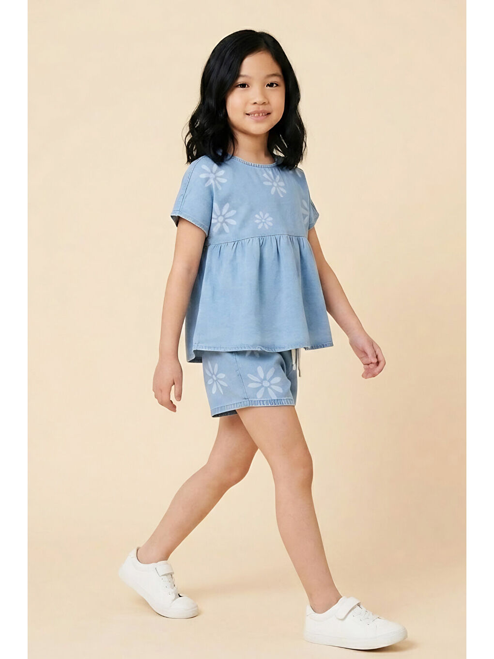Mavi Kız Çocuk Şortlu ve Bluzlu Jean Alt-Üst Takım 3-10 Yaş 12656OZ-3
