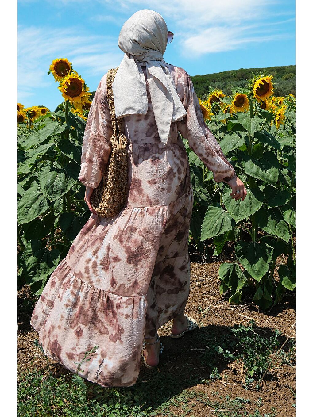 Bulut Desen Elbise Kahverengi-3