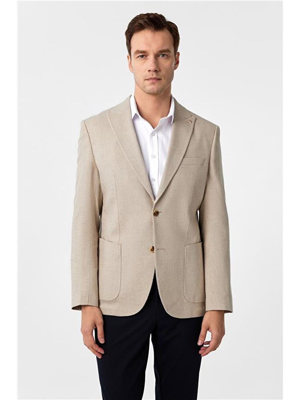 Bej Slim Desenli Sivri Yaka 6 Drop Ceket