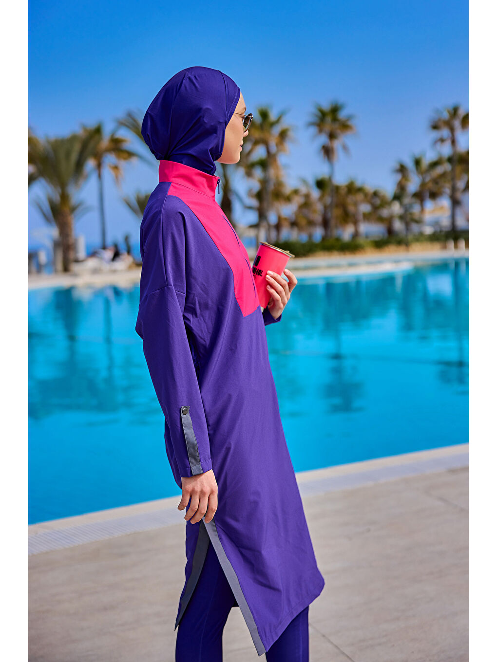 Mor Tam Kapalı Tesettür Mayo Takımı Stoperli, Sportif Tasarım M2527-2-1