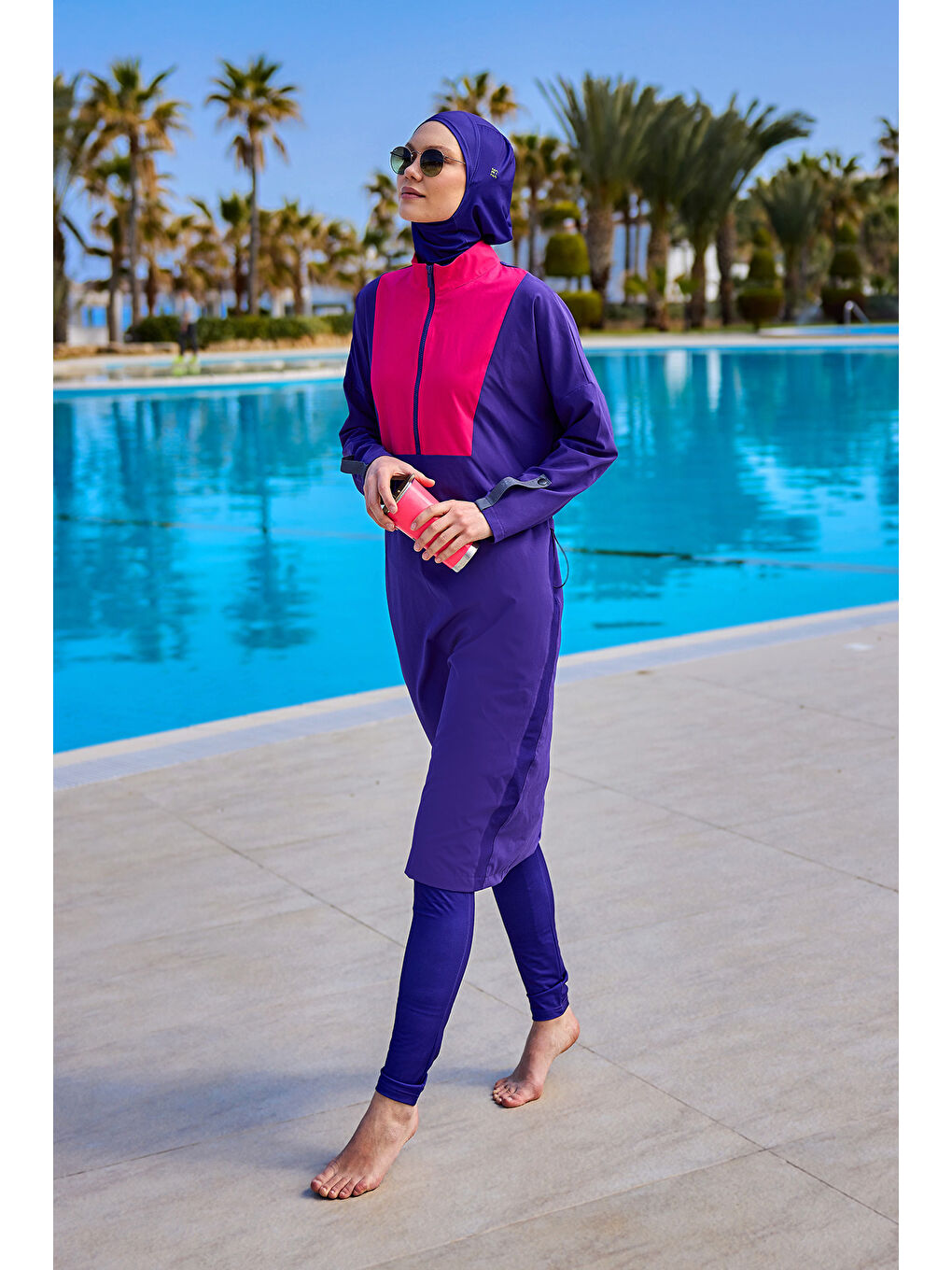 Mor Tam Kapalı Tesettür Mayo Takımı Stoperli, Sportif Tasarım M2527-2-2