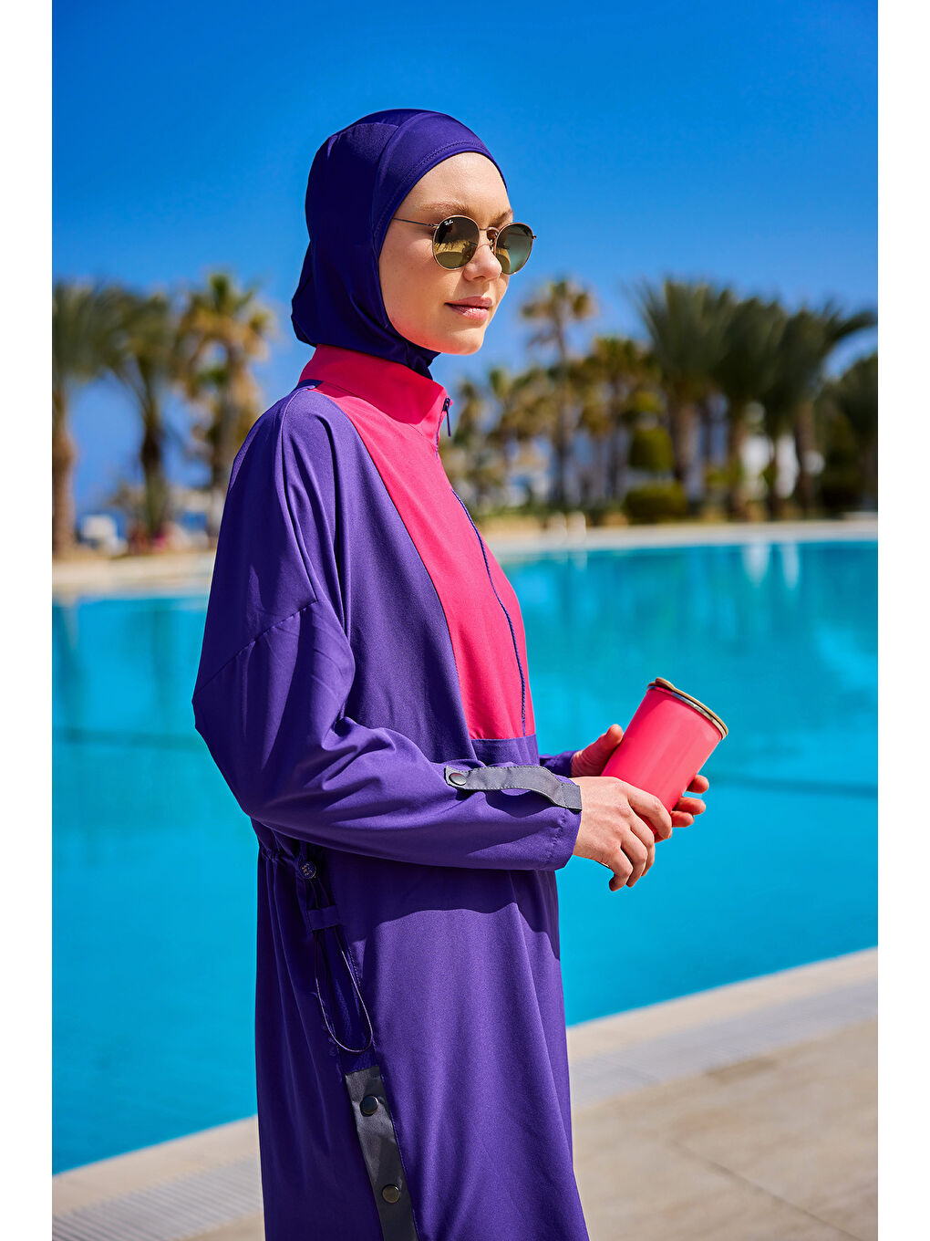 Mor Tam Kapalı Tesettür Mayo Takımı Stoperli, Sportif Tasarım M2527-2-3