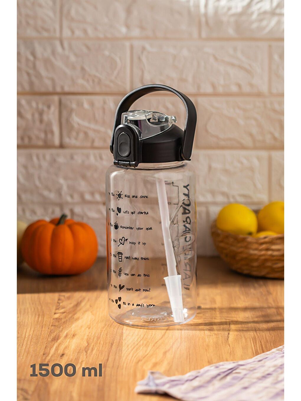 Renksiz 700.105 Su Şişesi - Motivasyon Su Matarası - Plastik Spor Suluk - Şeffaf 1500 ml