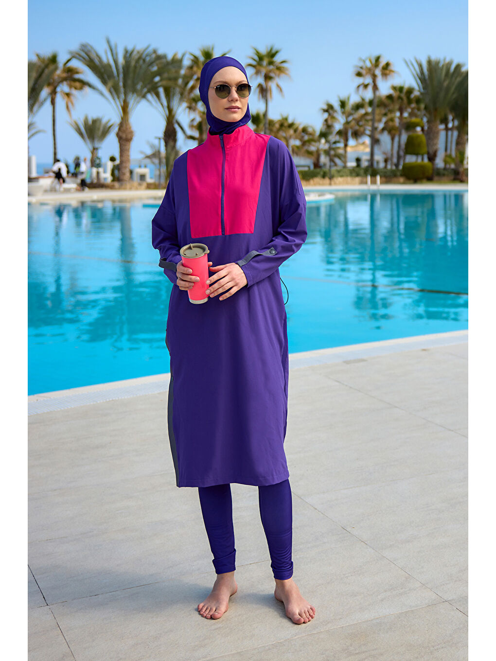 Mor Tam Kapalı Tesettür Mayo Takımı Stoperli, Sportif Tasarım M2527-2-4