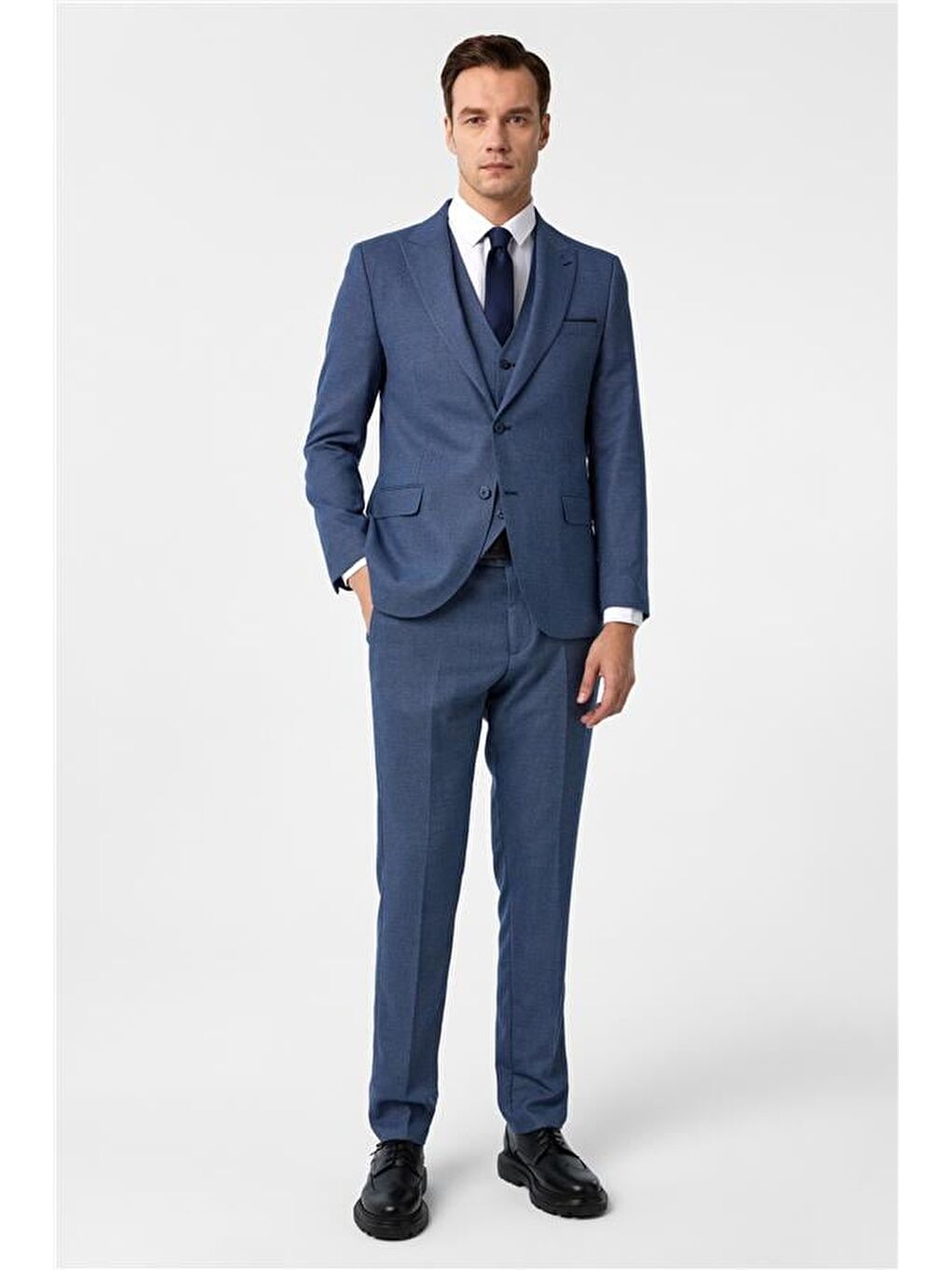 Parlament Mavi Slim Desenli Mono Yaka 6 Drop Yelekli Takım Elbise