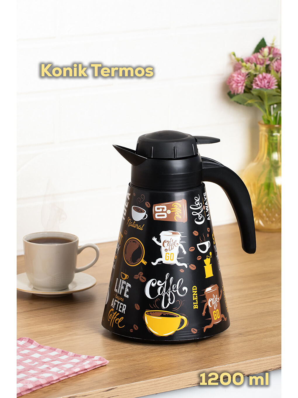 Siyah 161704-006 Desenli 1,2L Konik Termos Sıcak ve Soğuk İçecek Saklama Termosu