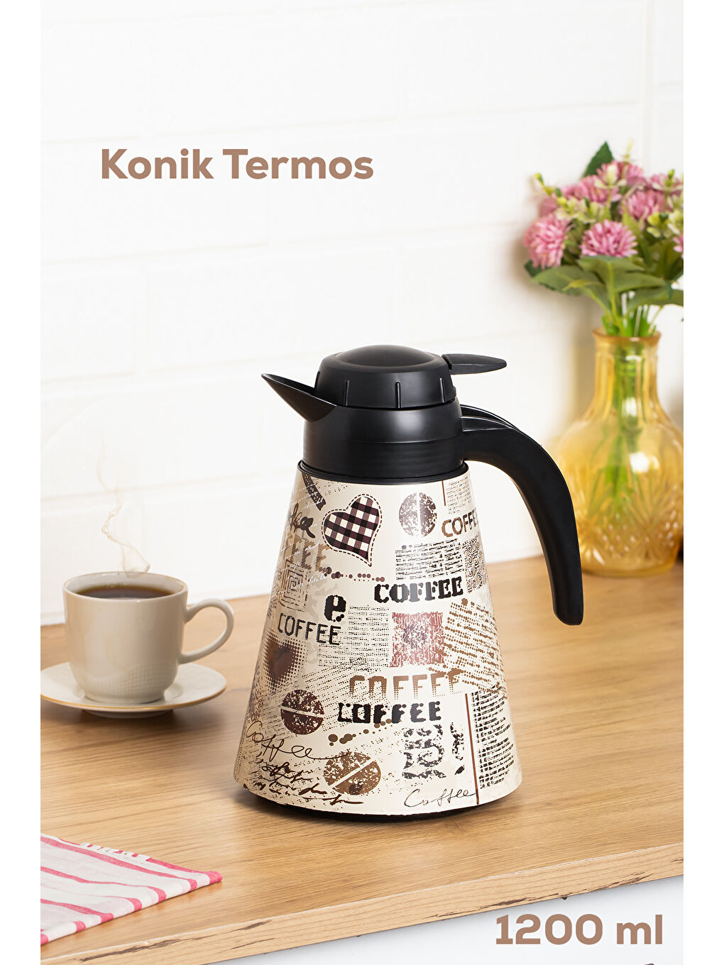 Karışık 161704-008 Desenli 1,2L Konik Termos Sıcak ve Soğuk İçecek Saklama Termosu