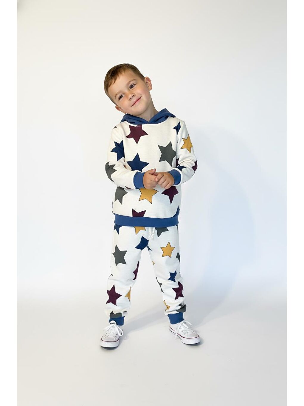 İndigo Yıldız Baskılı Kapüşonlu 2 Li Takım