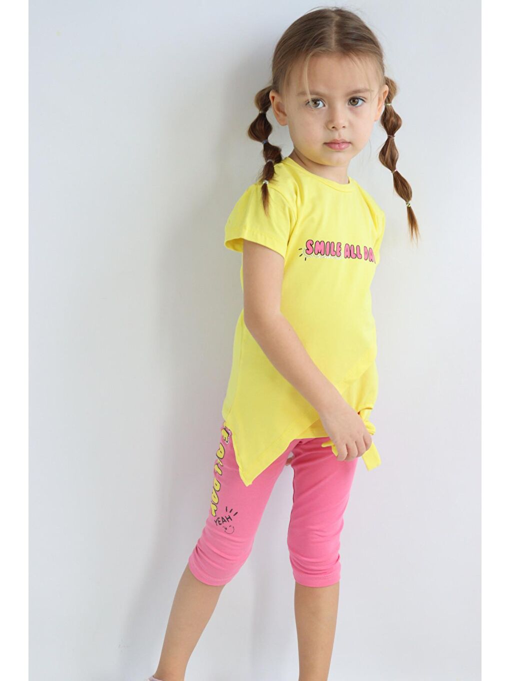 Harika KIDS Sarı Kız Çocuk Kaprili Kısa Kollu Yazlık Basic Takım 2-5 yaş