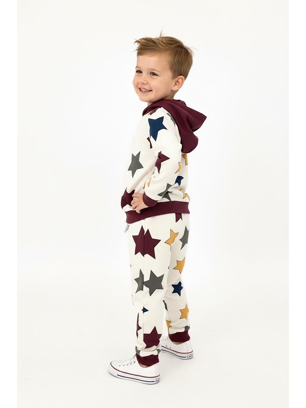 Bordo Yıldız Baskılı Kapüşonlu 2 Li Takım-1