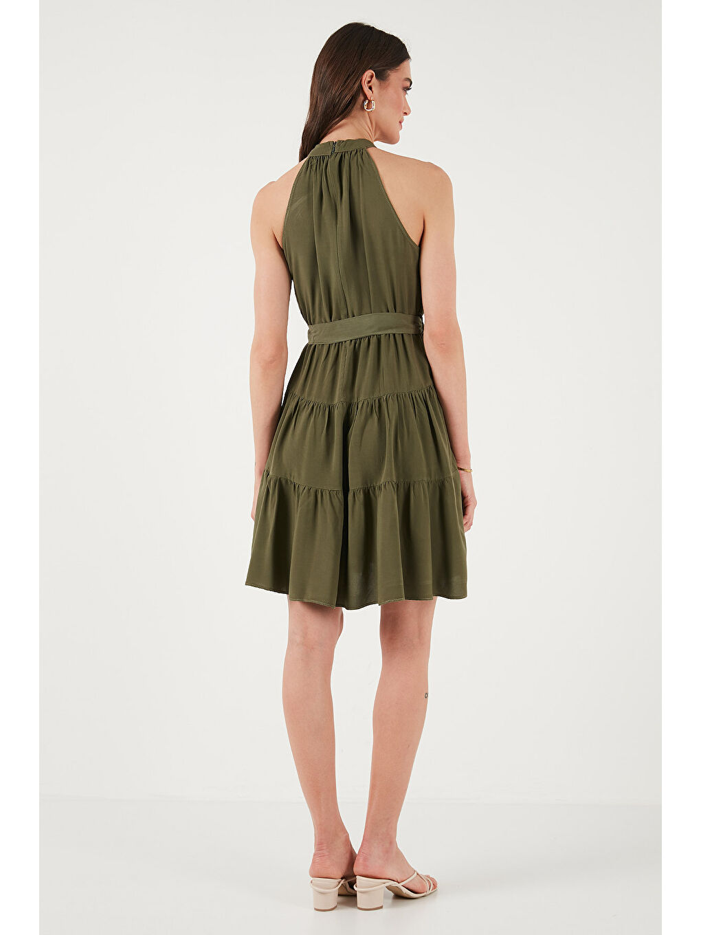Haki Pileli Regular Fit Halter Yaka Mini Boy Kemerli Kadın Elbise 6772041-6