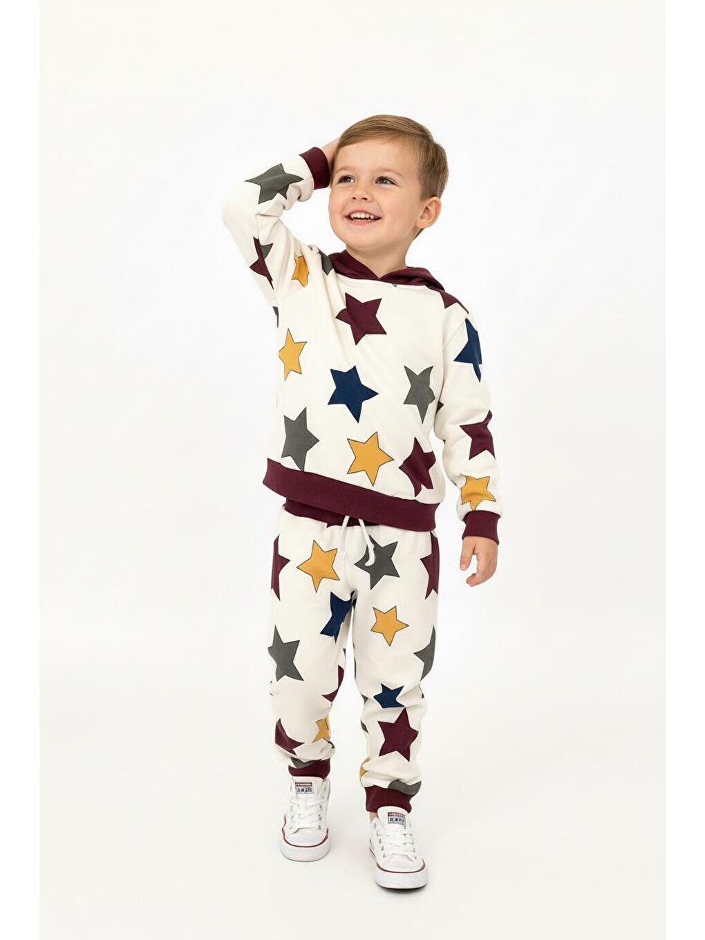 Bordo Yıldız Baskılı Kapüşonlu 2 Li Takım-3