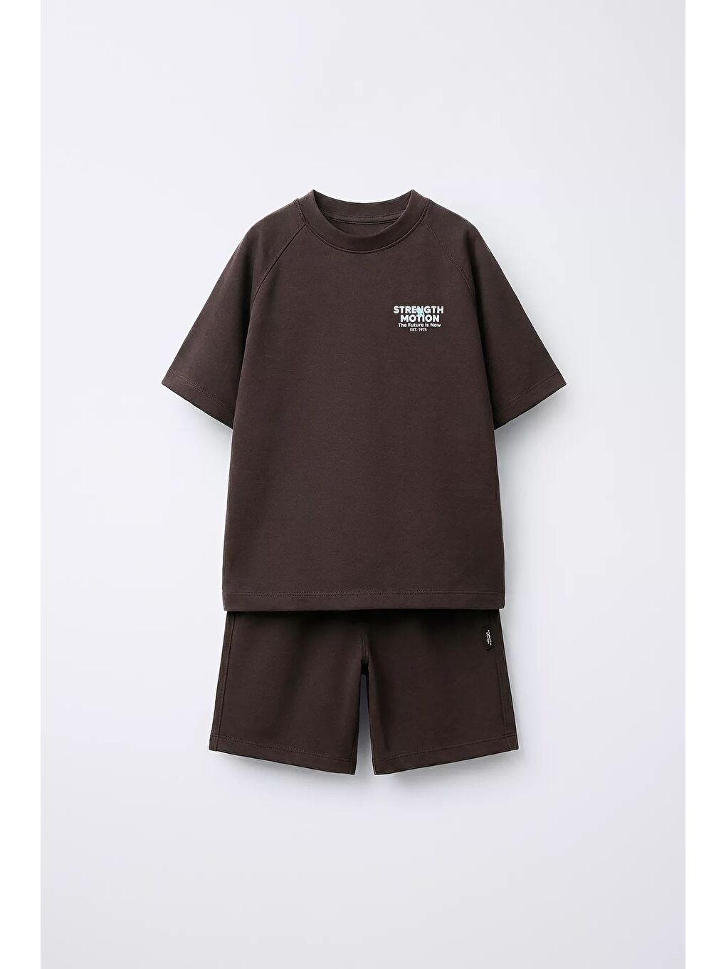 Erkek Çocuk Pamuklu Kahverengi Slogan Baskılı Tişört Şort Takım