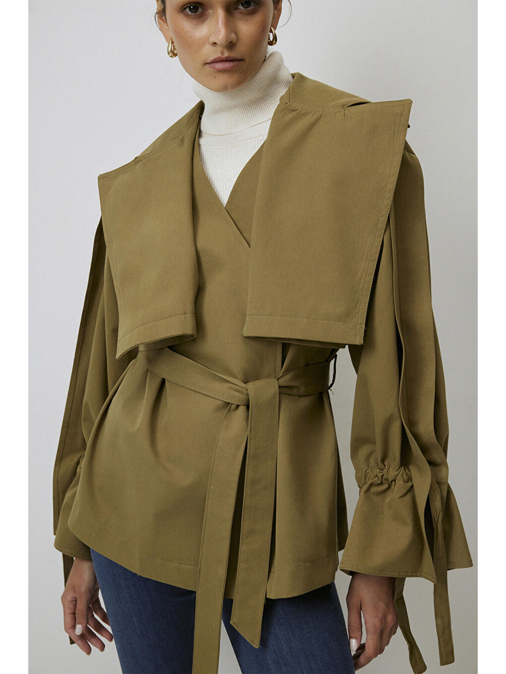 Haki KOLU BÜZGÜLÜ KISA TRENÇKOT-5