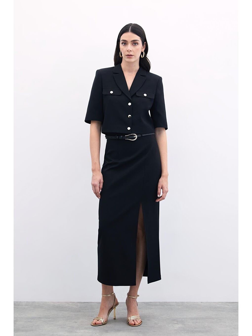 Yırtmaçlı Kemerli Uzun Etek - Siyah-2