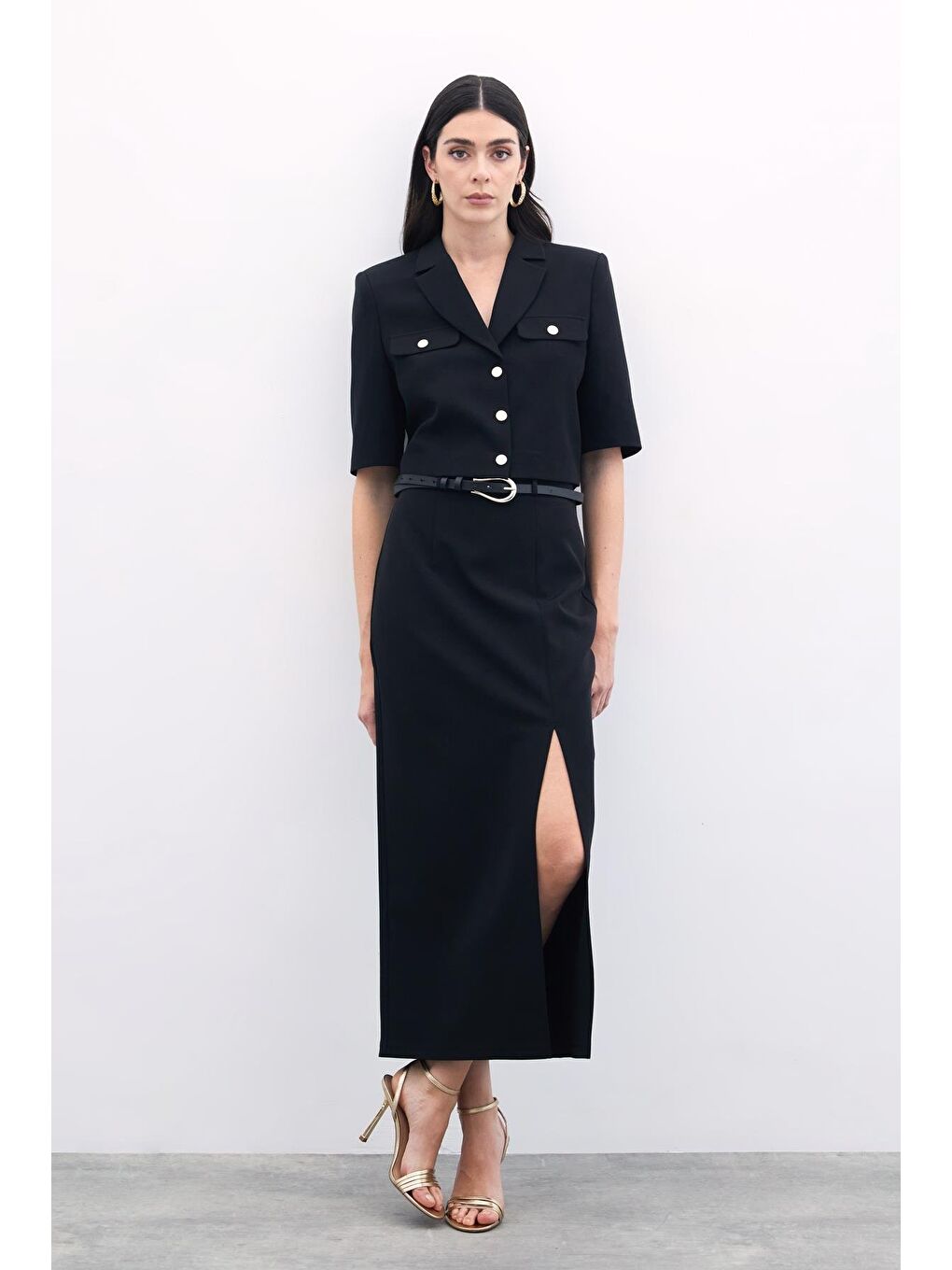 Yırtmaçlı Kemerli Uzun Etek - Siyah-3