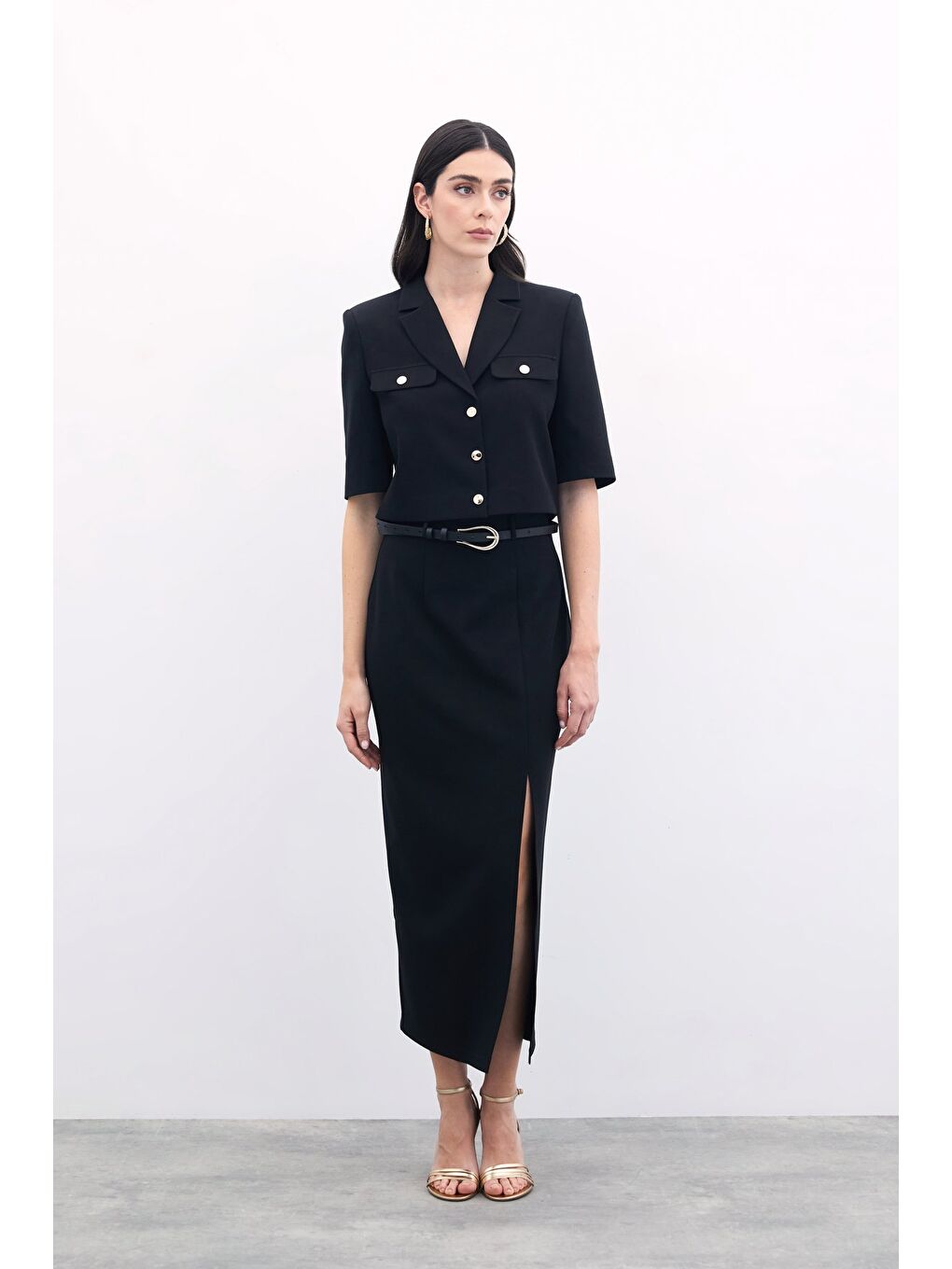 Yırtmaçlı Kemerli Uzun Etek - Siyah-4