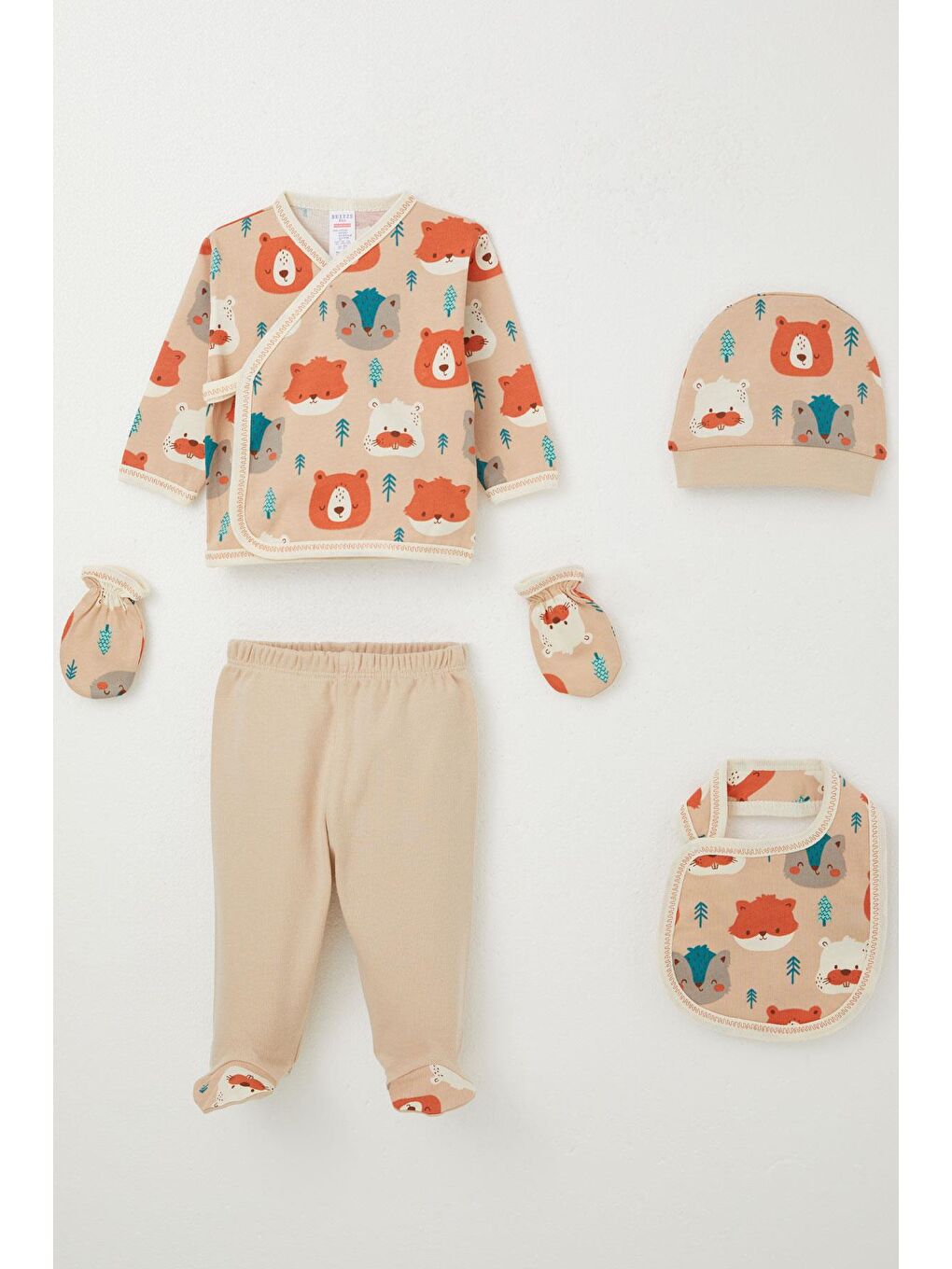 Erkek Bebek Hastane Çıkışı 5 li Sevimli Hayvanlar Desenli Açık Kahverengi (0-3 Ay)