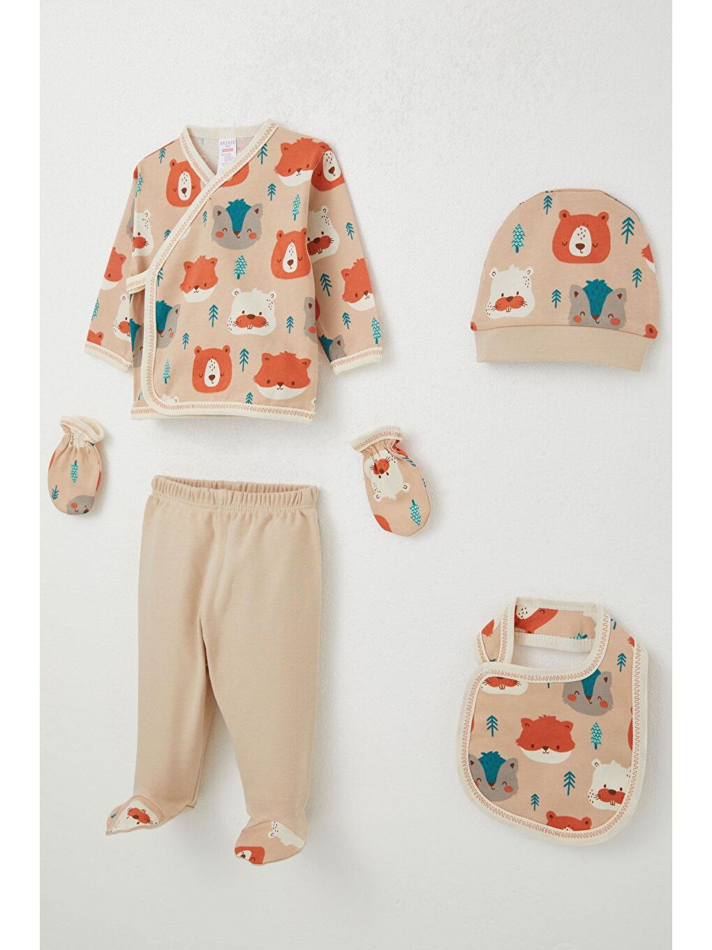 Erkek Bebek Hastane Çıkışı 5 li Sevimli Hayvanlar Desenli Açık Kahverengi (0-3 Ay)-1