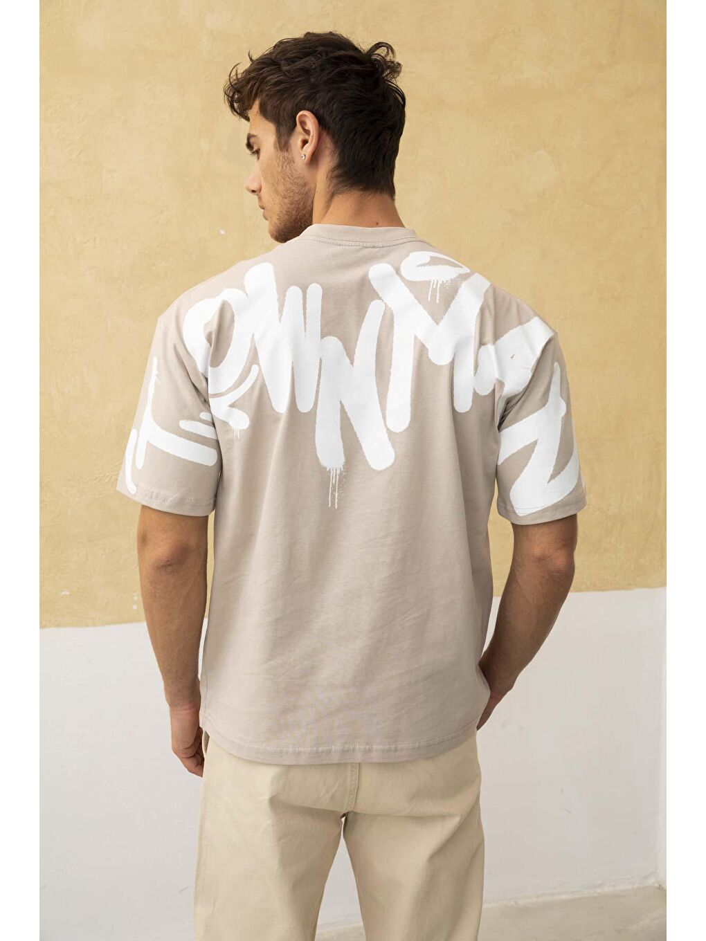 Bej Erkek Ön ve Arka Baskılı Regular Fit Tişört-5