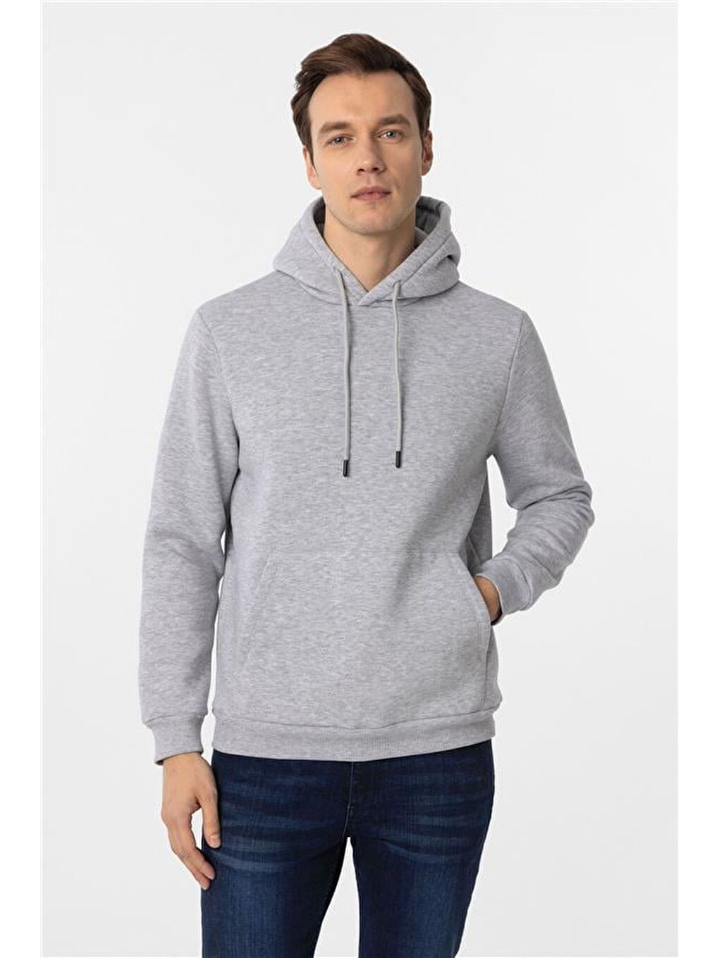 Gri Regular Düz Kapüşonlu Yaka Triko-1
