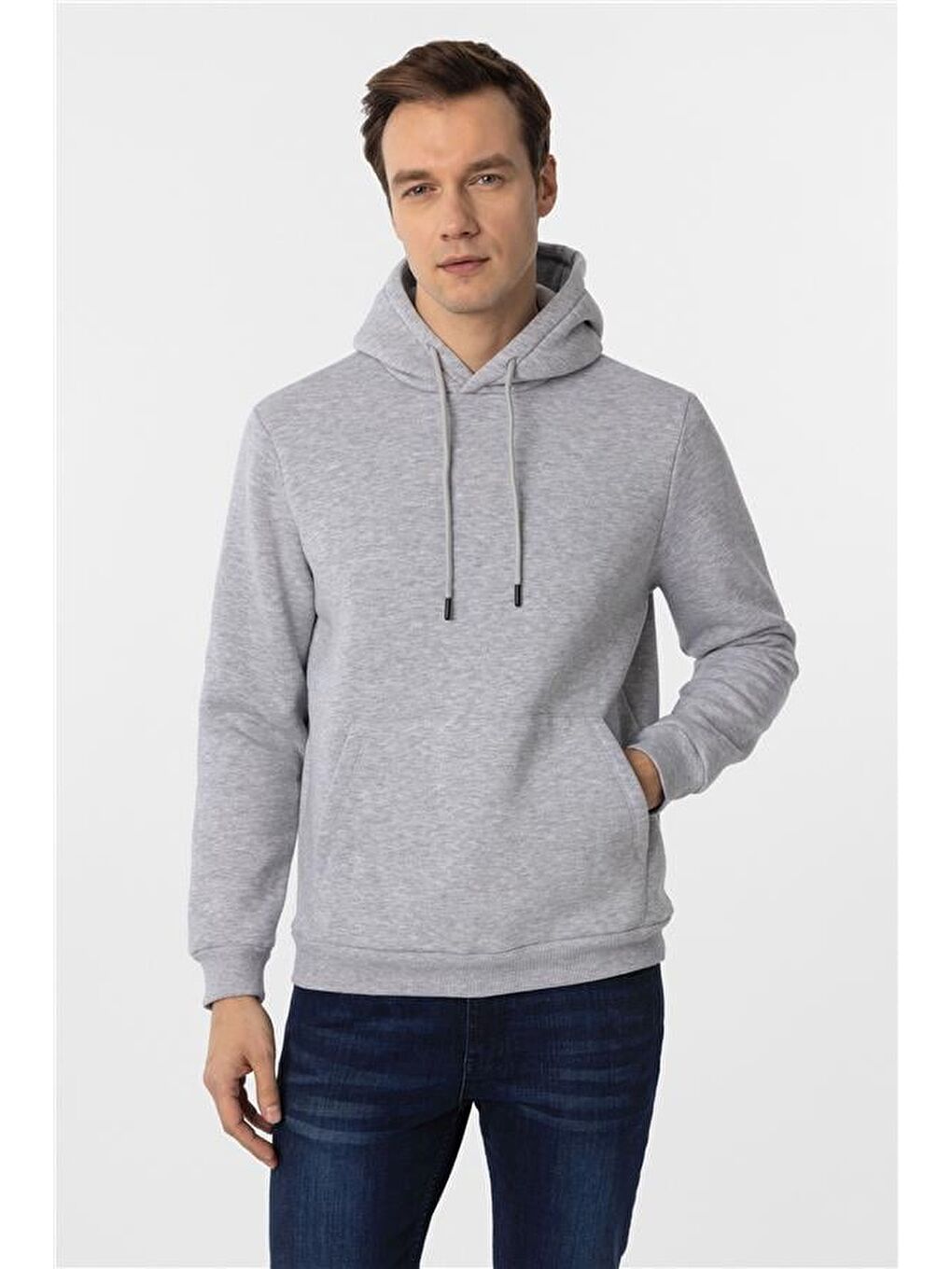 Gri Regular Düz Kapüşonlu Yaka Triko-2