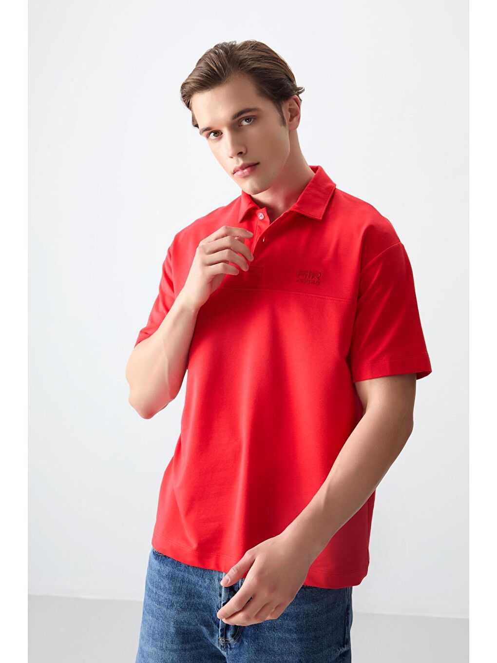 AIR JONES Kırmızı Pamuklu Kalın Yumuşak Dokulu Polo Yaka Oversize Fit Basic Erkek T- Shirt