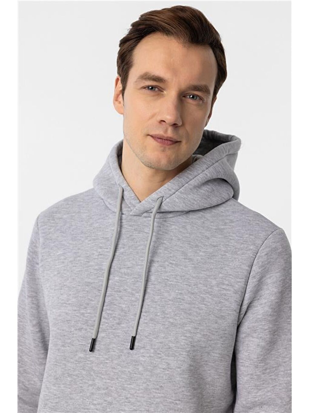 Gri Regular Düz Kapüşonlu Yaka Triko-3