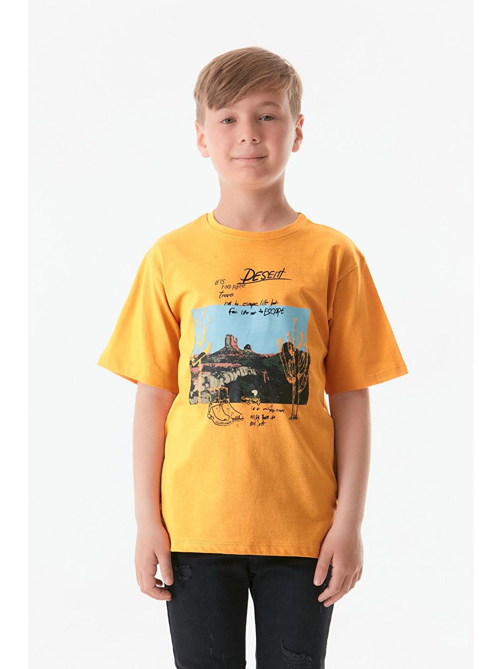 Sarı Baskılı Bisiklet Yaka Erkek Çocuk Tişört