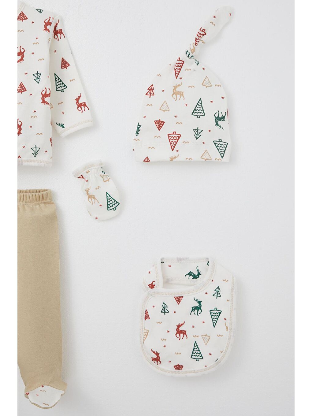 Erkek Bebek Hastane Çıkışı 5 Li Yılbaşı Temalı Geyik Desenli Ekru (0-3 Ay)-4