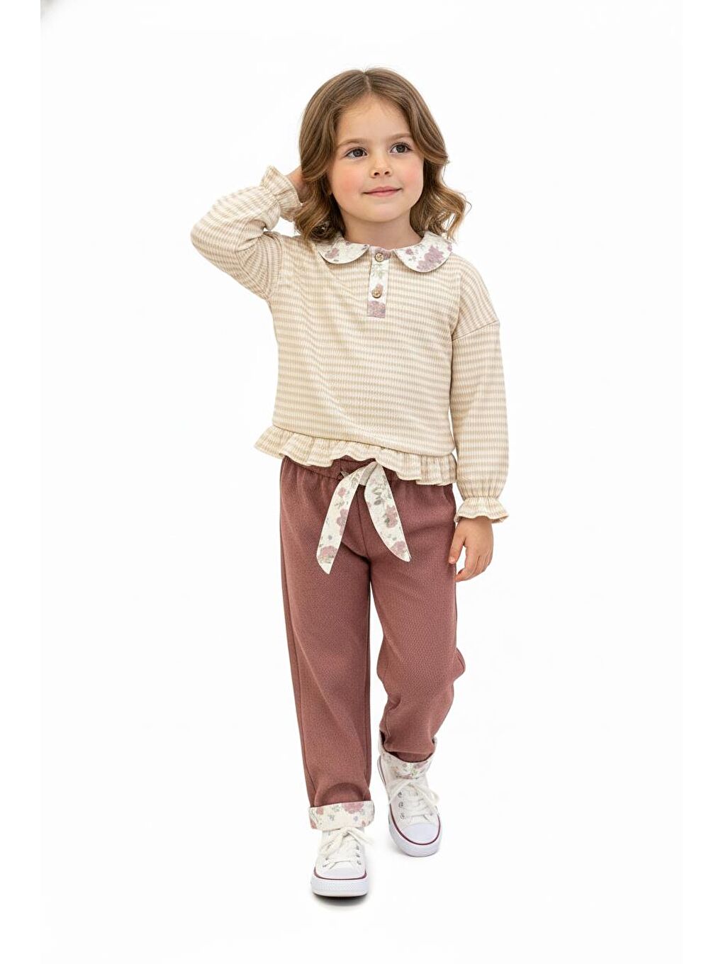 Pembe Yakası Fırfırlı 2 Li Pantolon Takım-1