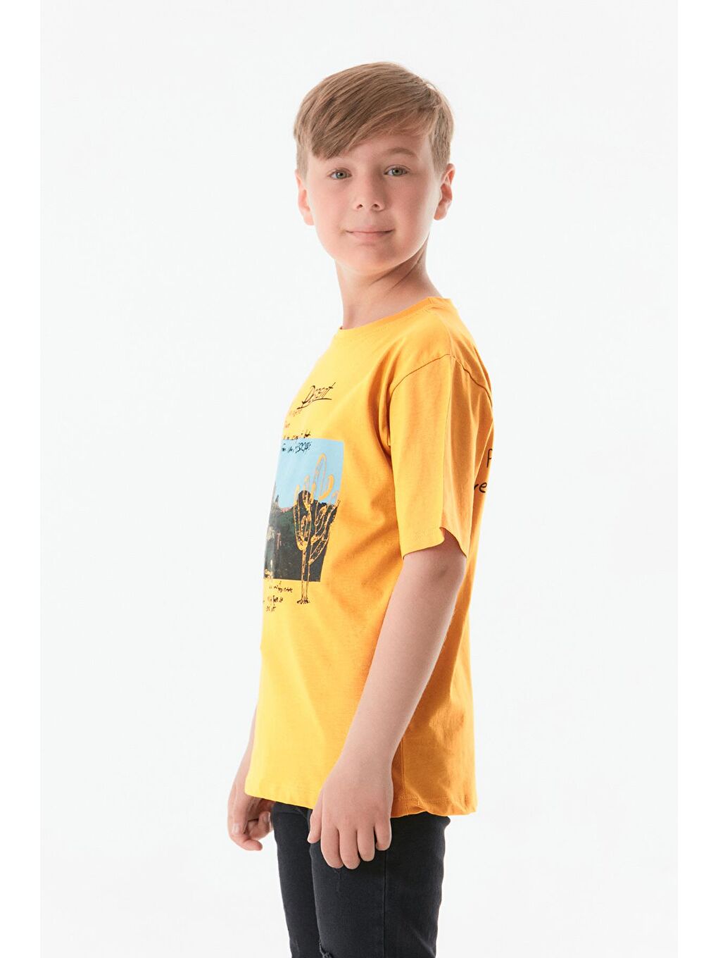 Sarı Baskılı Bisiklet Yaka Erkek Çocuk Tişört-2