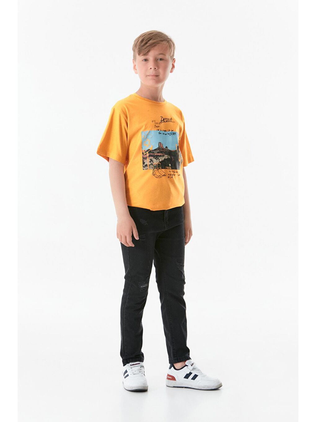 Sarı Baskılı Bisiklet Yaka Erkek Çocuk Tişört-4