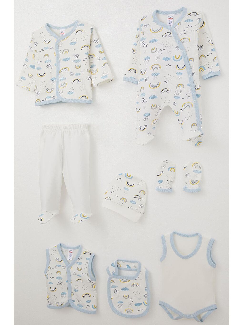 Erkek Bebek Hastane Çıkışı 8 Li Gökyüzü Temalı Bulut Desenli Beyaz (0-3 Ay)-1