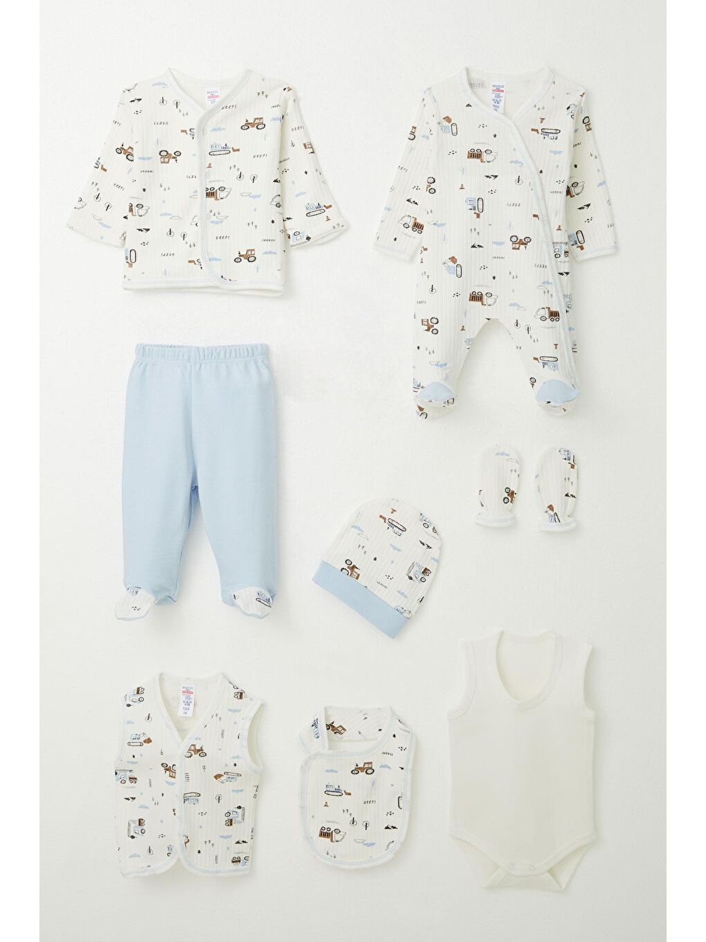 Erkek Bebek Hastane Çıkışı 8 Li İş Makinası Desenli Beyaz (0-3 Ay)