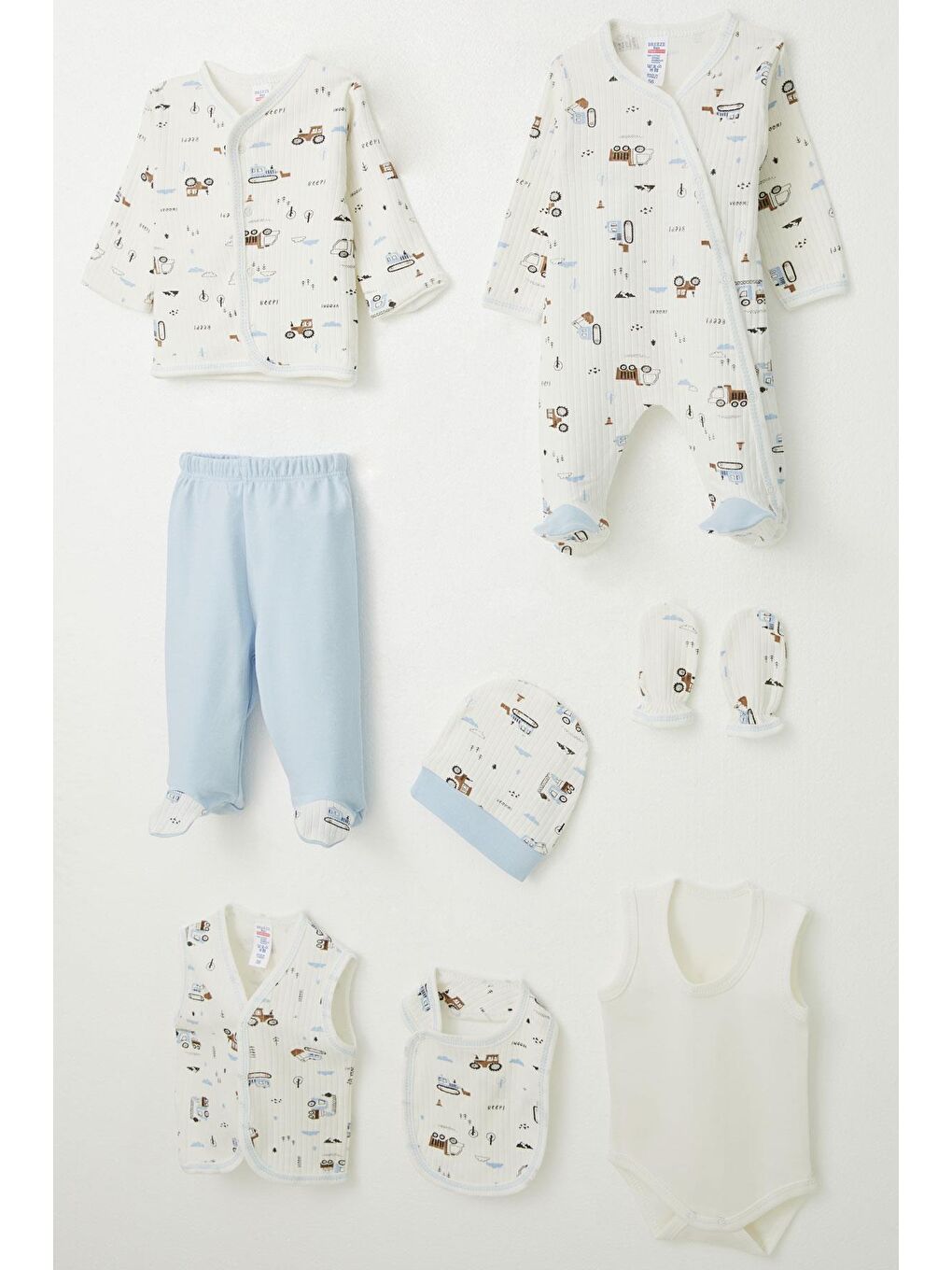 Erkek Bebek Hastane Çıkışı 8 Li İş Makinası Desenli Beyaz (0-3 Ay)-1