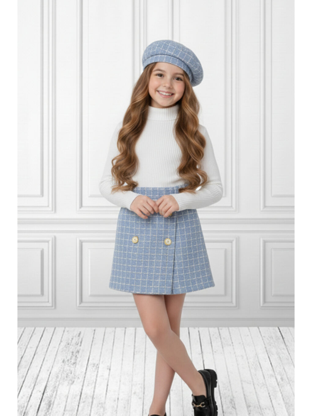 Mavi Kız Çocuk Ekoseli Şort Etek & Şapka Takımı 2-8 Yaş 12315-1