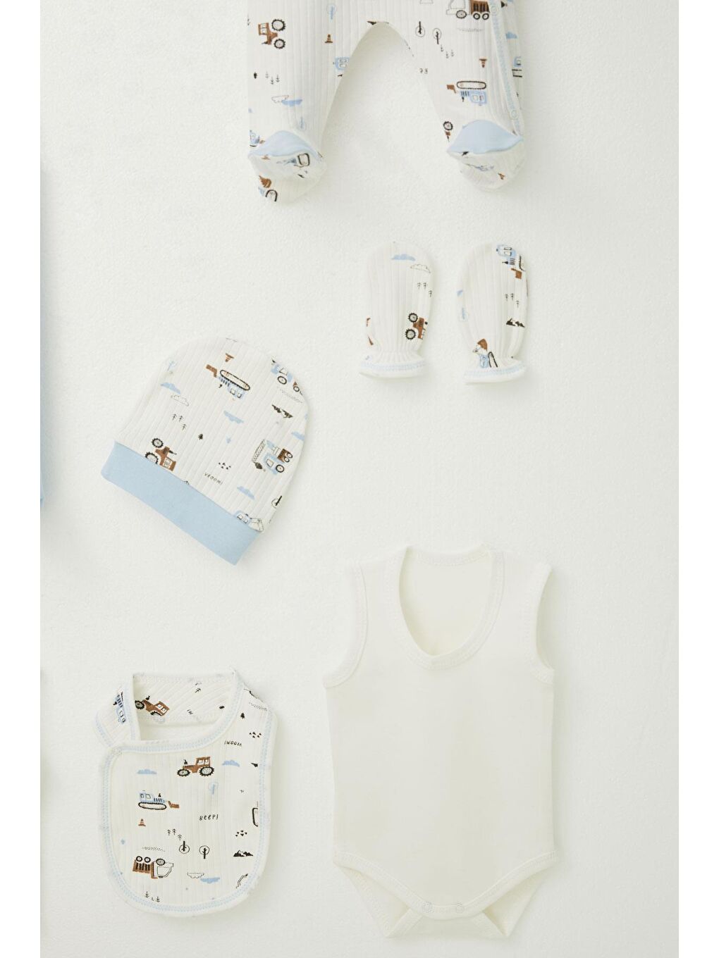 Erkek Bebek Hastane Çıkışı 8 Li İş Makinası Desenli Beyaz (0-3 Ay)-5