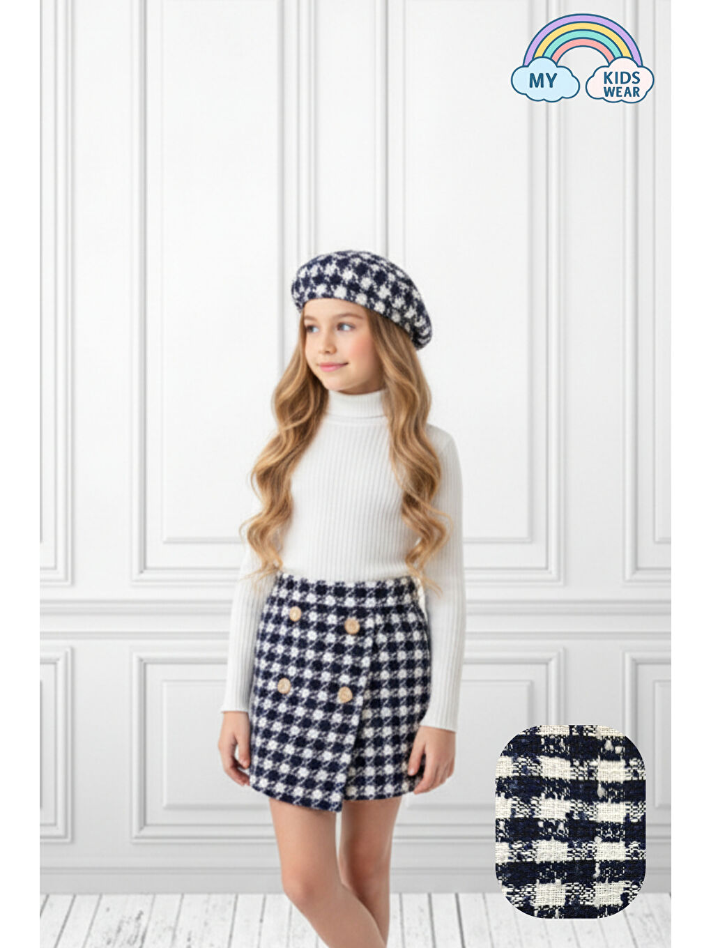 Siyah Kız Çocuk Ekoseli Şort Etek & Şapka Takımı 2-8 Yaş 12312