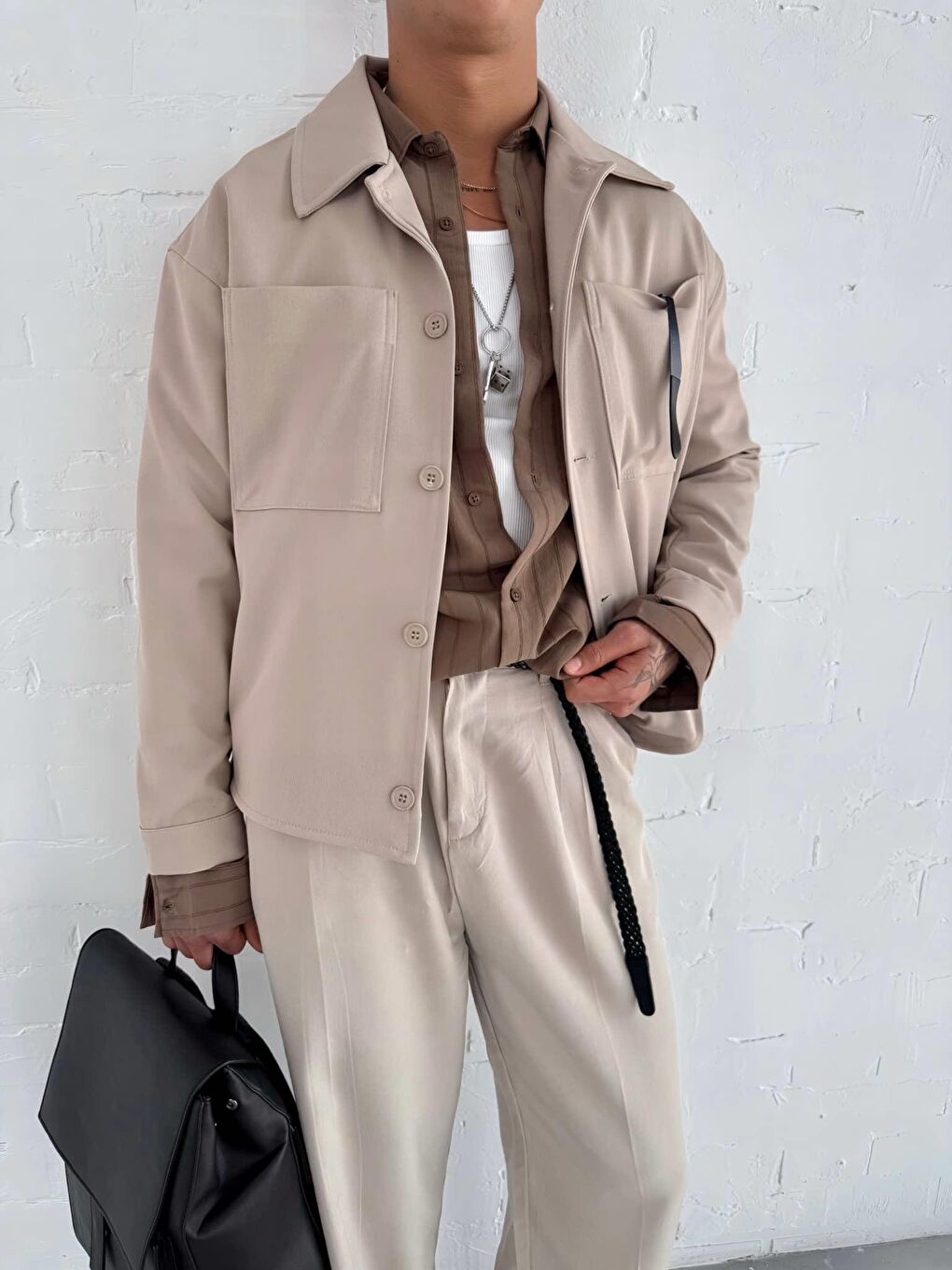 Erkek Boxy Fit Önü Cepli İnce Ceket Bej-1