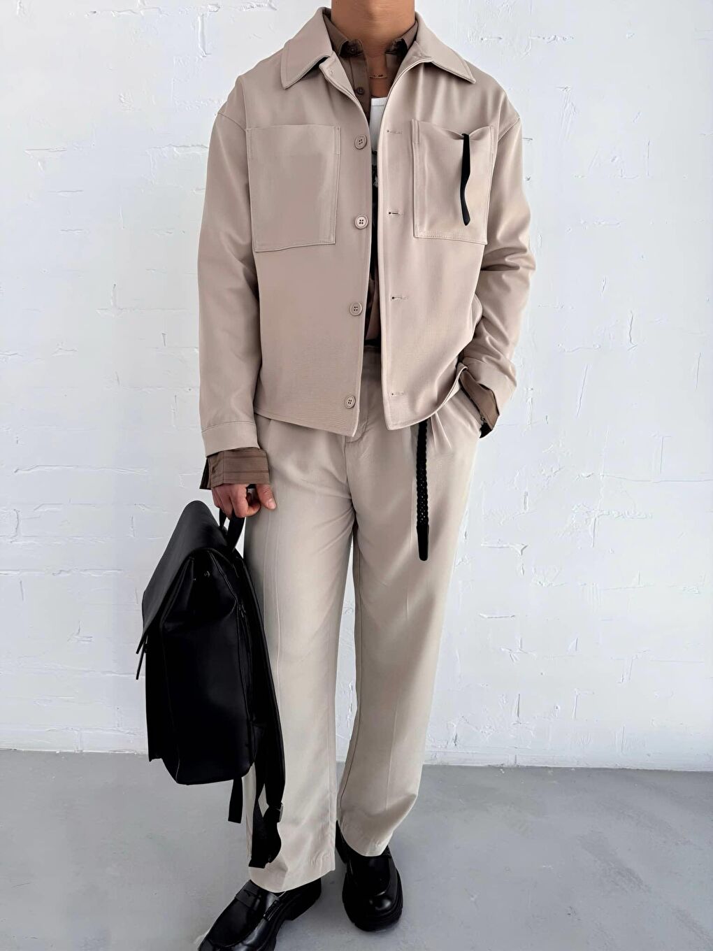 Erkek Boxy Fit Önü Cepli İnce Ceket Bej-2