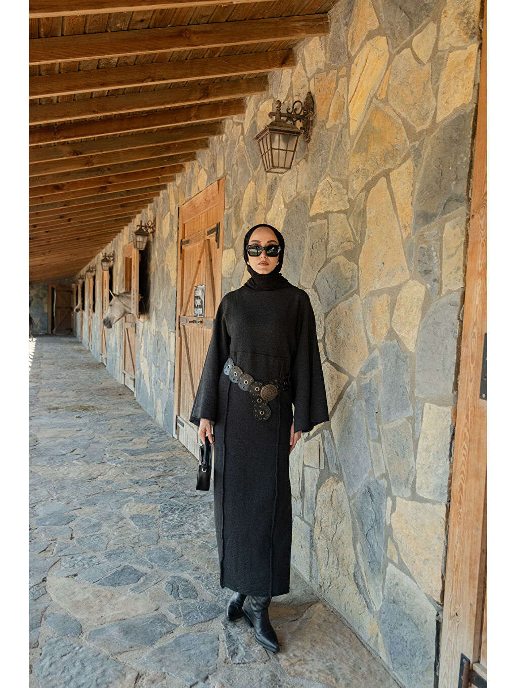 Kadın Kendinden Desenli Kraş Elbise Antrasit