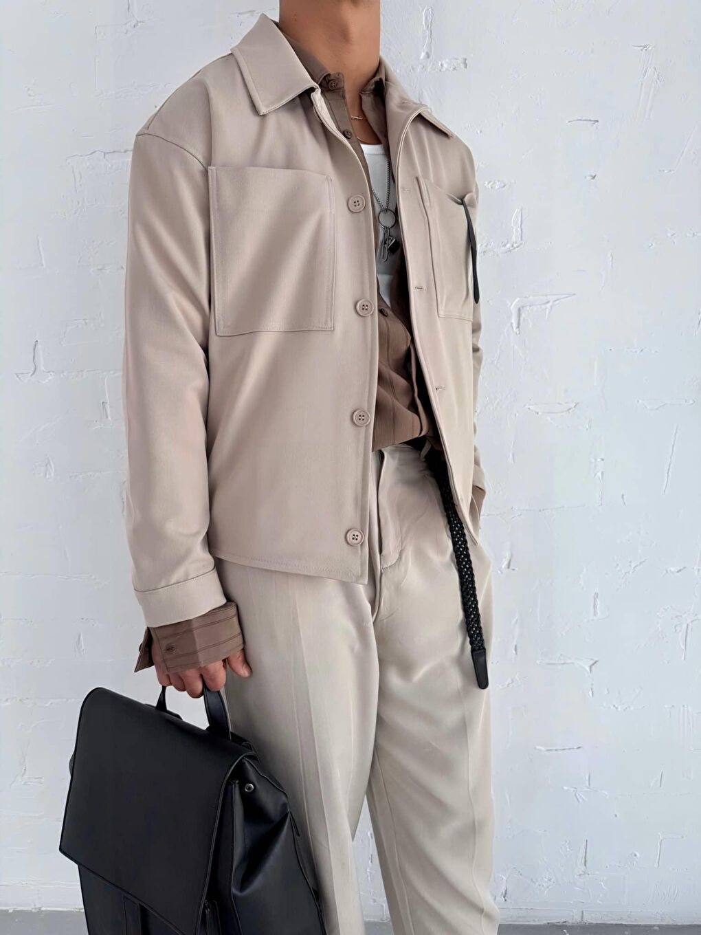Erkek Boxy Fit Önü Cepli İnce Ceket Bej-3